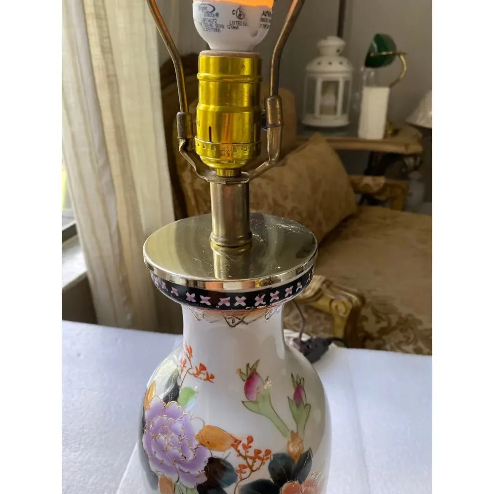 vintage hand-painted porcelain vase table lamp colorful floral brass metal base